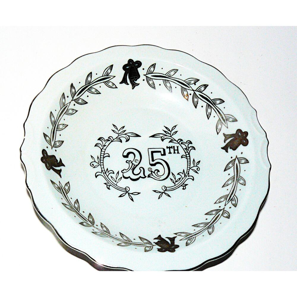 Vtg Lefton China 25th Anniversary Bowl Silver Accents & Scalloped Edges MCM